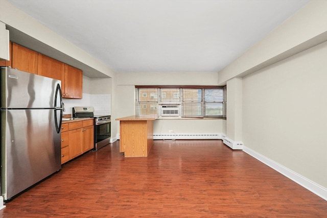 kitchen with appliances with stainless steel finishes, dark hardwood / wood-style floors, and a baseboard heating unit