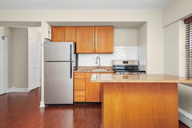 kitchen with tasteful backsplash, sink, dark hardwood / wood-style flooring, a baseboard heating unit, and stainless steel appliances