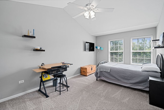 carpeted bedroom featuring ceiling fan and lofted ceiling