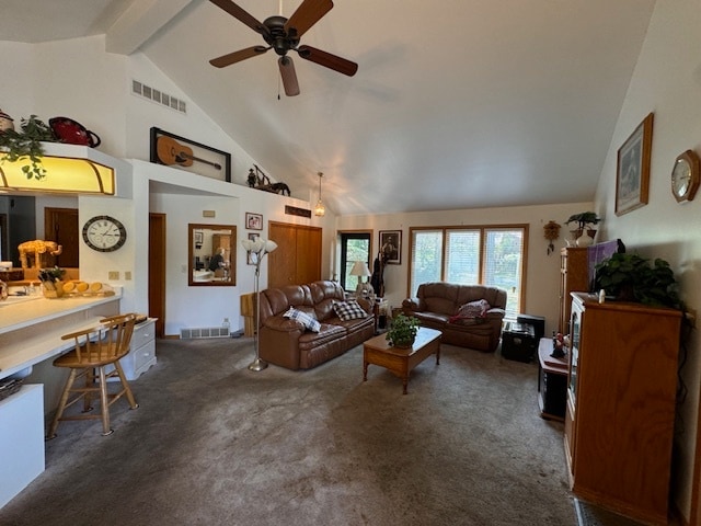 carpeted living room featuring ceiling fan, beamed ceiling, and high vaulted ceiling