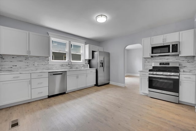 kitchen featuring white cabinetry, light wood-type flooring, and stainless steel appliances