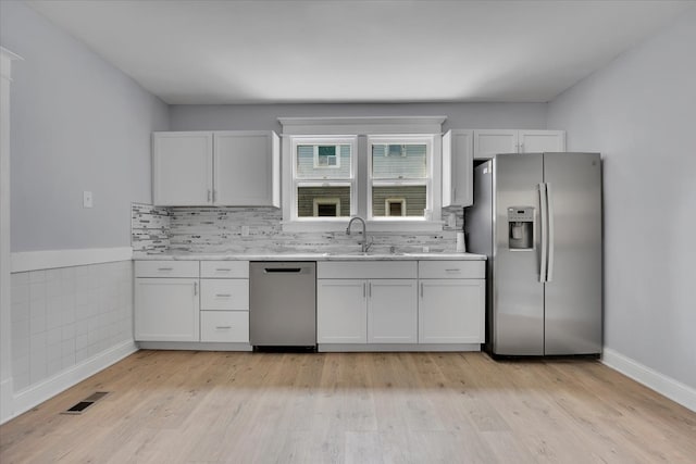 kitchen with decorative backsplash, white cabinetry, appliances with stainless steel finishes, and light wood-type flooring