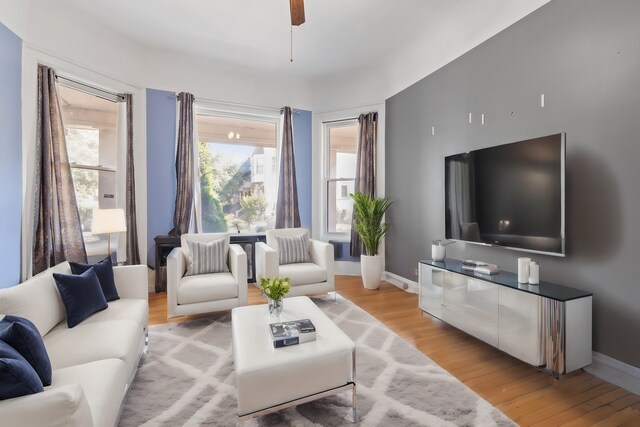 living room with ceiling fan and light hardwood / wood-style flooring