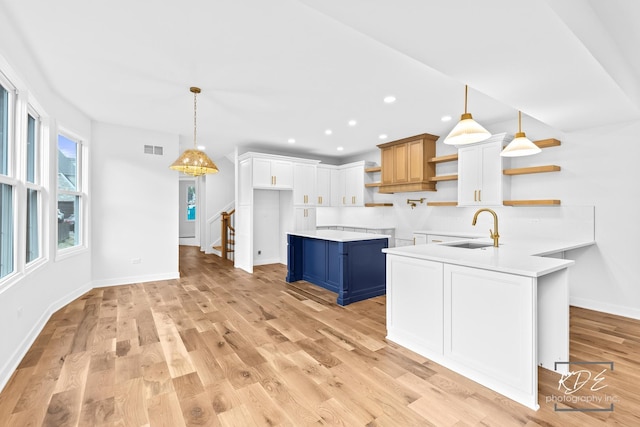kitchen with blue cabinetry, visible vents, open shelves, a sink, and a peninsula