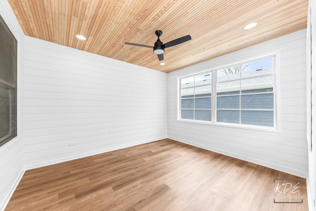 unfurnished room featuring a ceiling fan, baseboards, wood ceiling, and wood finished floors