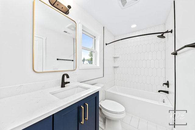 full bath with vanity, shower / bathtub combination, toilet, and visible vents