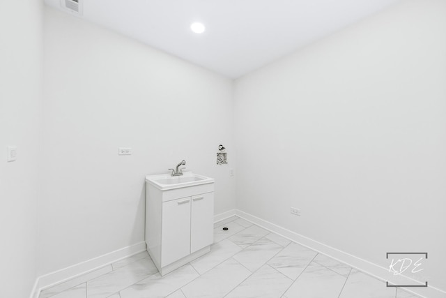 bathroom featuring a sink, marble finish floor, recessed lighting, baseboards, and visible vents