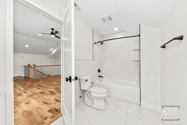 full bathroom with recessed lighting, a ceiling fan, bathtub / shower combination, and toilet