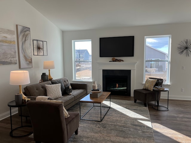 living room with dark hardwood / wood-style floors and lofted ceiling