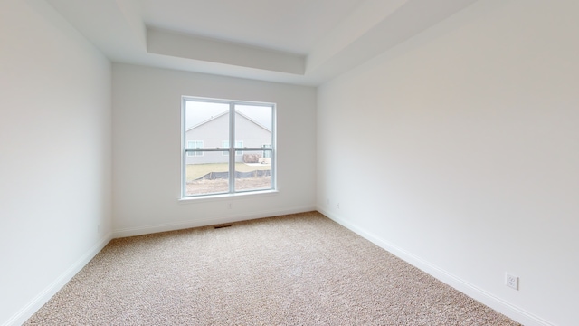 carpeted empty room featuring a tray ceiling