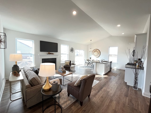 living room featuring dark wood-type flooring and lofted ceiling