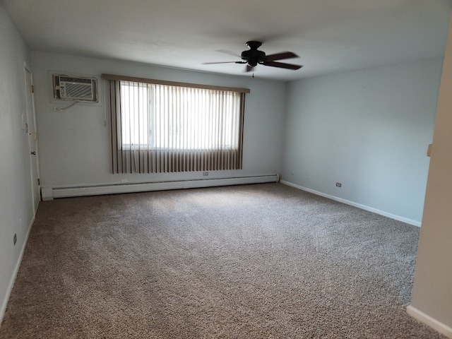 unfurnished room featuring ceiling fan, a baseboard heating unit, a wall unit AC, and carpet floors