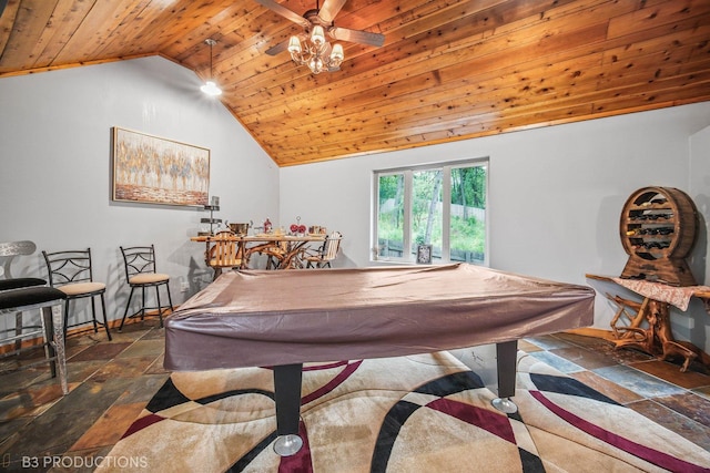 recreation room with wood ceiling, high vaulted ceiling, stone tile flooring, and pool table