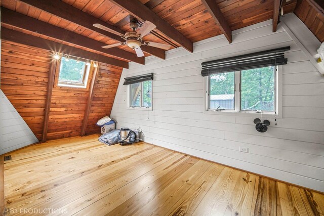 additional living space with light hardwood / wood-style flooring, wood ceiling, wood walls, a skylight, and beam ceiling