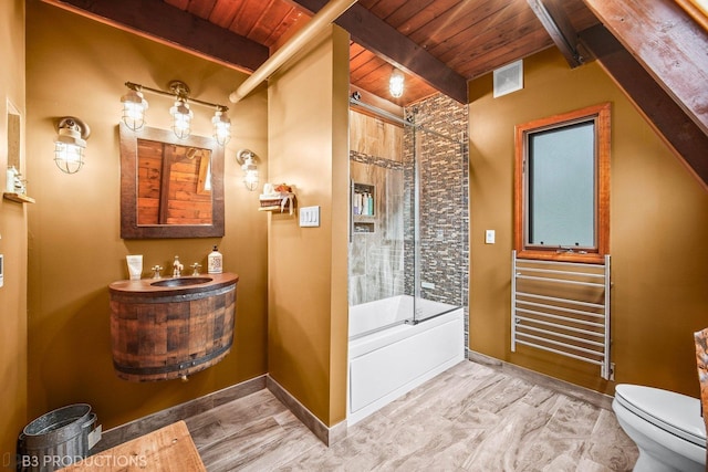 bathroom with enclosed tub / shower combo, wooden ceiling, visible vents, radiator, and beamed ceiling