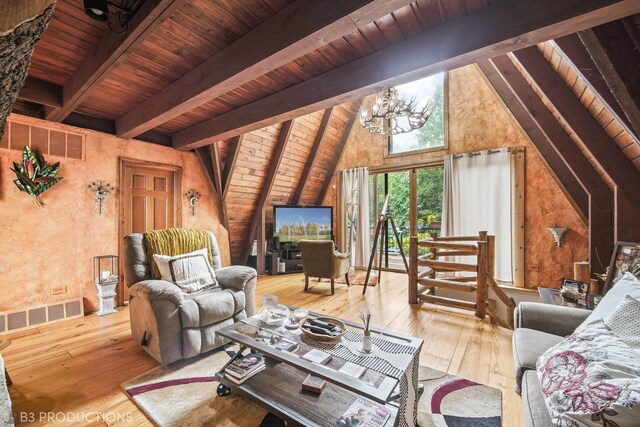 living room with light wood-type flooring, an inviting chandelier, wooden ceiling, and lofted ceiling with beams