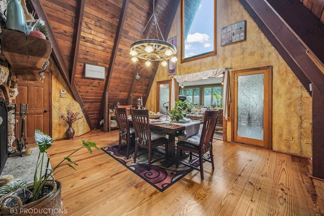 dining space featuring lofted ceiling with beams, wooden ceiling, and wood finished floors