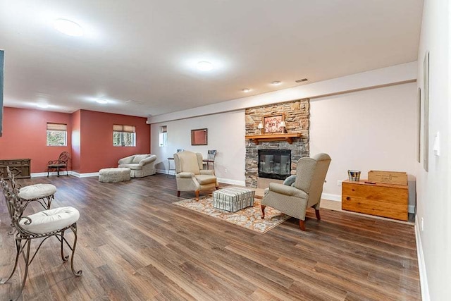 living room with a stone fireplace and wood-type flooring