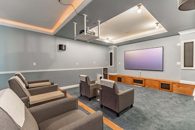 home theater featuring dark carpet and a tray ceiling