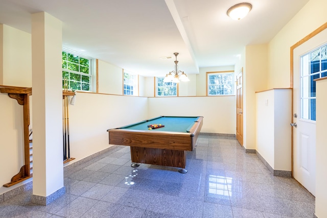 game room featuring granite finish floor, billiards, a wealth of natural light, and baseboards