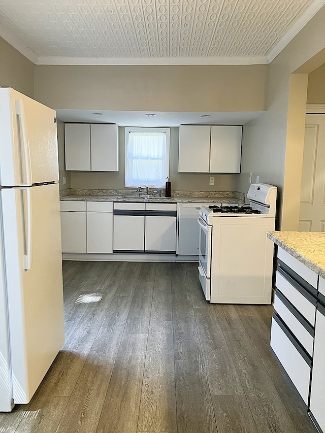 kitchen featuring white cabinetry, wood-type flooring, white appliances, and ornamental molding