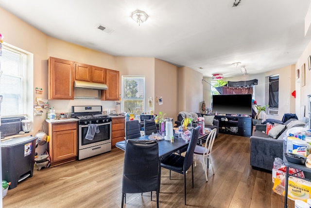 kitchen with stainless steel gas range oven and light hardwood / wood-style floors