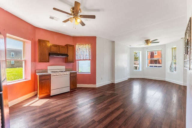 kitchen featuring ceiling fan, dark hardwood / wood-style floors, and white gas stove