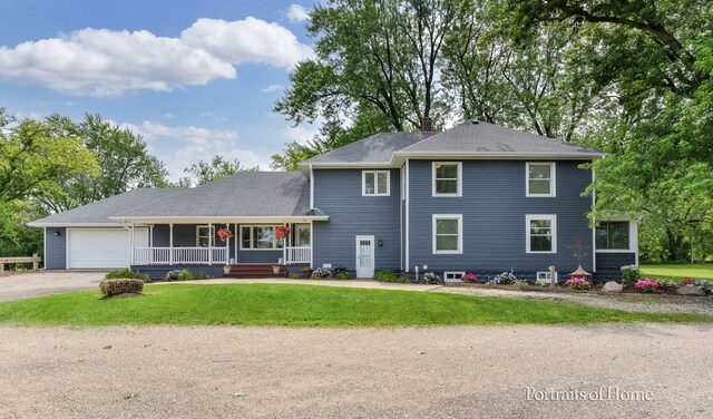 view of front of property featuring a porch, a garage, and a front lawn