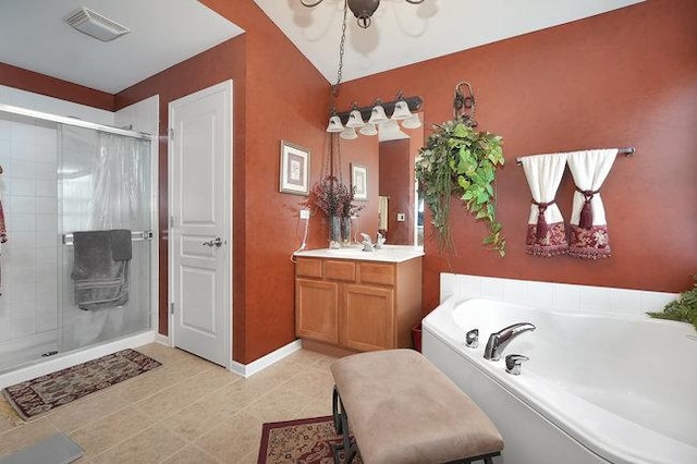 bathroom with vanity, independent shower and bath, and tile patterned flooring