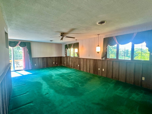 spare room featuring ceiling fan, a textured ceiling, carpet floors, and a wealth of natural light