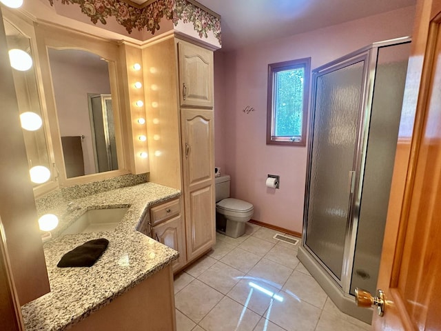 full bathroom featuring visible vents, a shower stall, toilet, tile patterned floors, and vanity