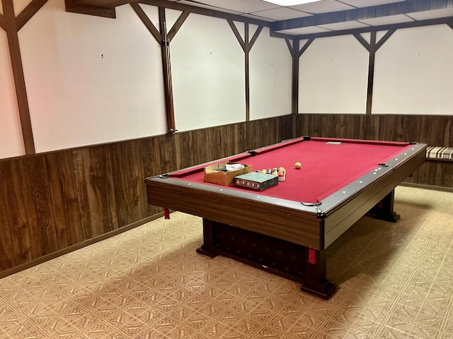 game room with wood walls, a drop ceiling, tile patterned floors, billiards, and wainscoting