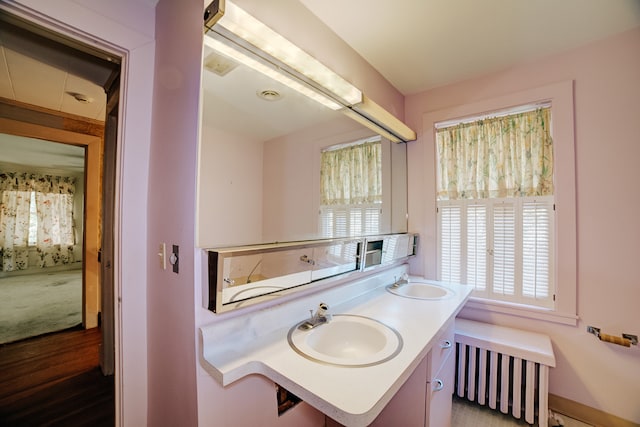 bathroom featuring vanity, radiator, and hardwood / wood-style flooring