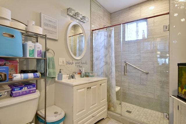 bathroom featuring toilet, vanity, and a shower with curtain