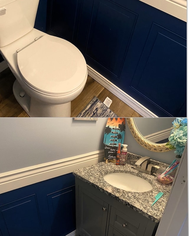 bathroom with hardwood / wood-style floors, vanity, and toilet