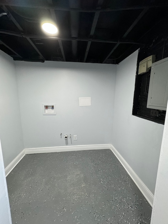 laundry area featuring electric panel and baseboards