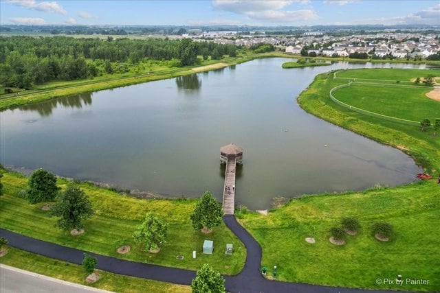 bird's eye view with a water view