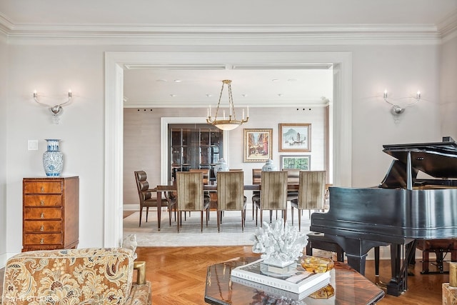 living area with crown molding and parquet flooring