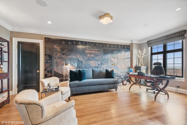 office featuring ornamental molding and light hardwood / wood-style floors