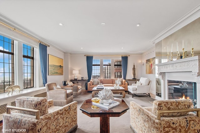 living room with crown molding