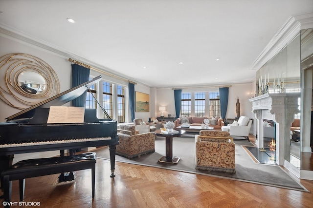 living room with ornamental molding and parquet floors