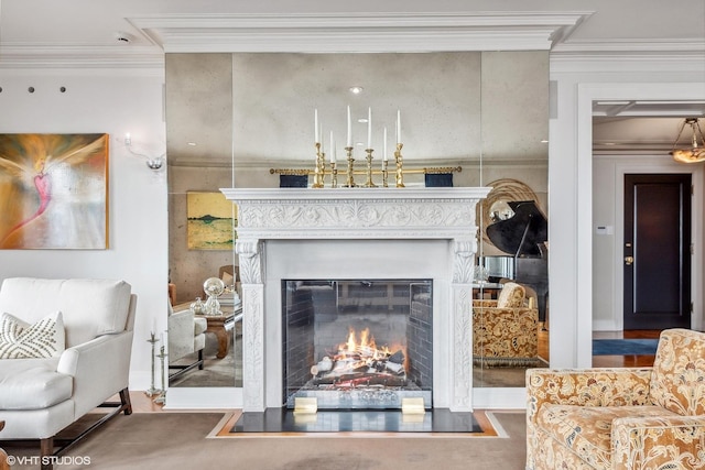 living room with ornamental molding