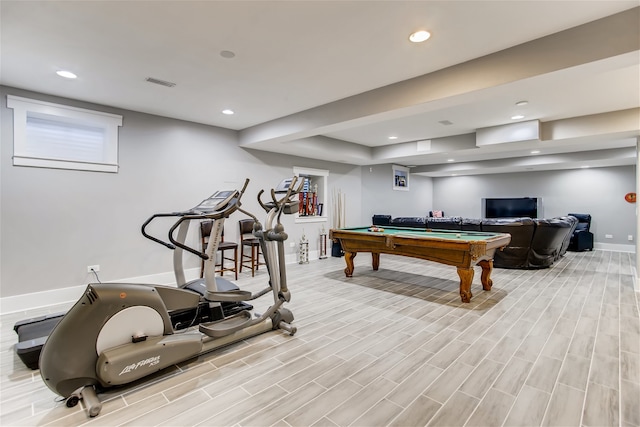 recreation room with billiards and light hardwood / wood-style flooring