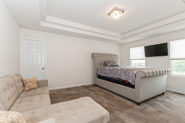 bedroom featuring a tray ceiling and carpet flooring