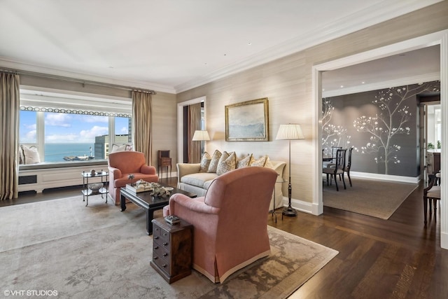 living room featuring a water view, ornamental molding, and dark hardwood / wood-style floors