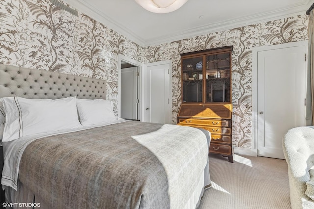 carpeted bedroom featuring ornamental molding