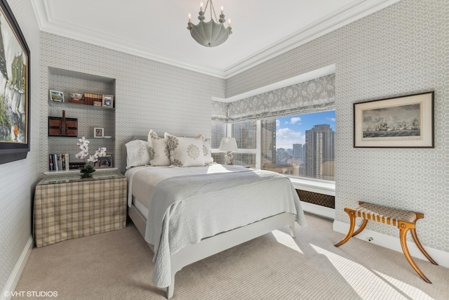 bedroom featuring crown molding, light colored carpet, and a chandelier