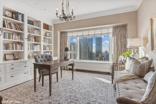 office area with crown molding, built in shelves, light hardwood / wood-style floors, and a notable chandelier