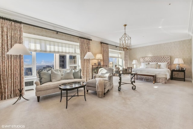 carpeted bedroom with crown molding and a chandelier