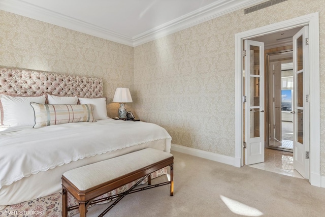 carpeted bedroom with crown molding